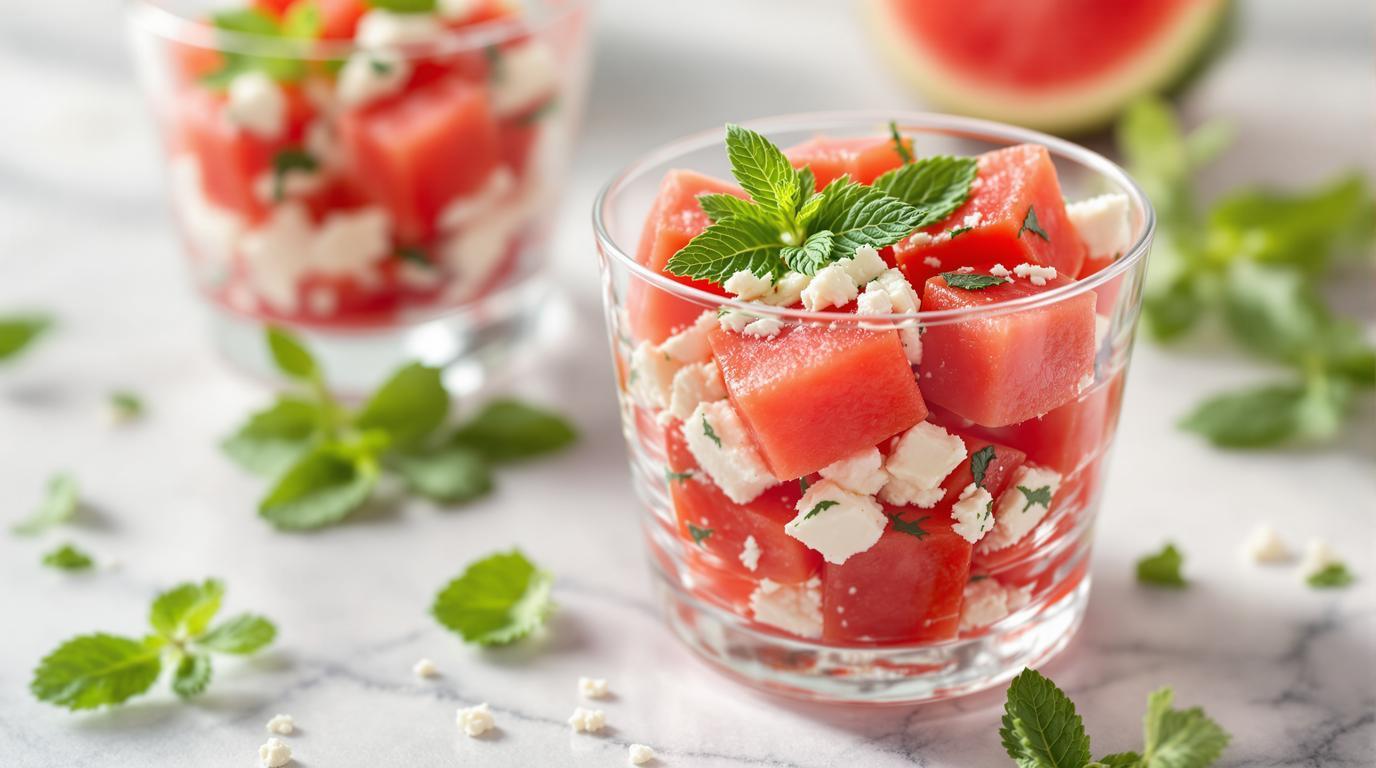 Verrines pastèque-feta-menthe : l&rsquo;apéro grec qui rafraîchit l&rsquo;été