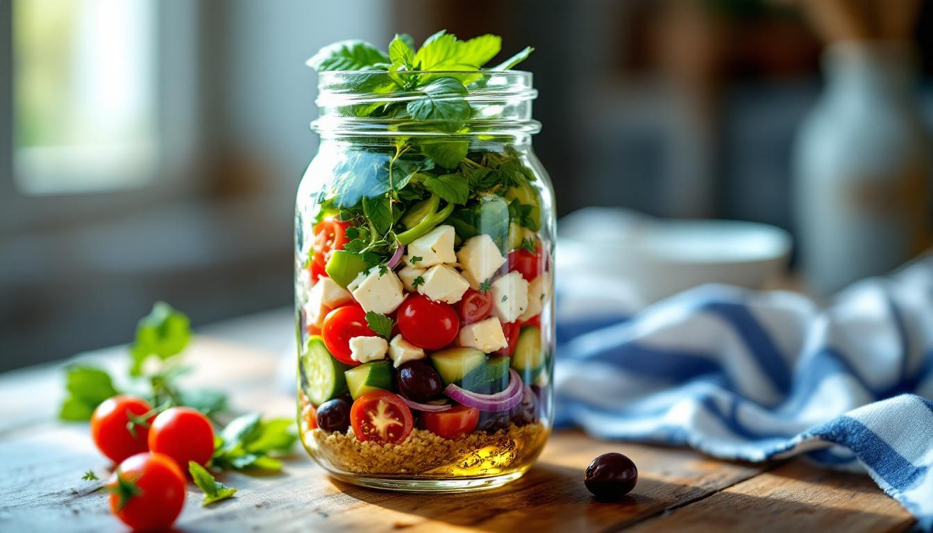 Salade grecque en bocal : l&rsquo;authentique Horiatiki revisitée en 10 min