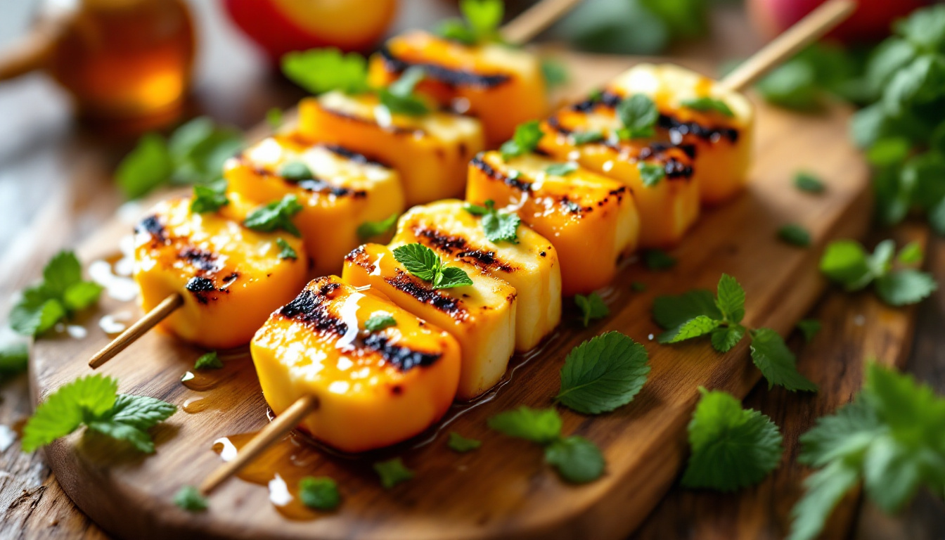 Brochettes halloumi-pêches grillées : la Méditerranée dans votre assiette