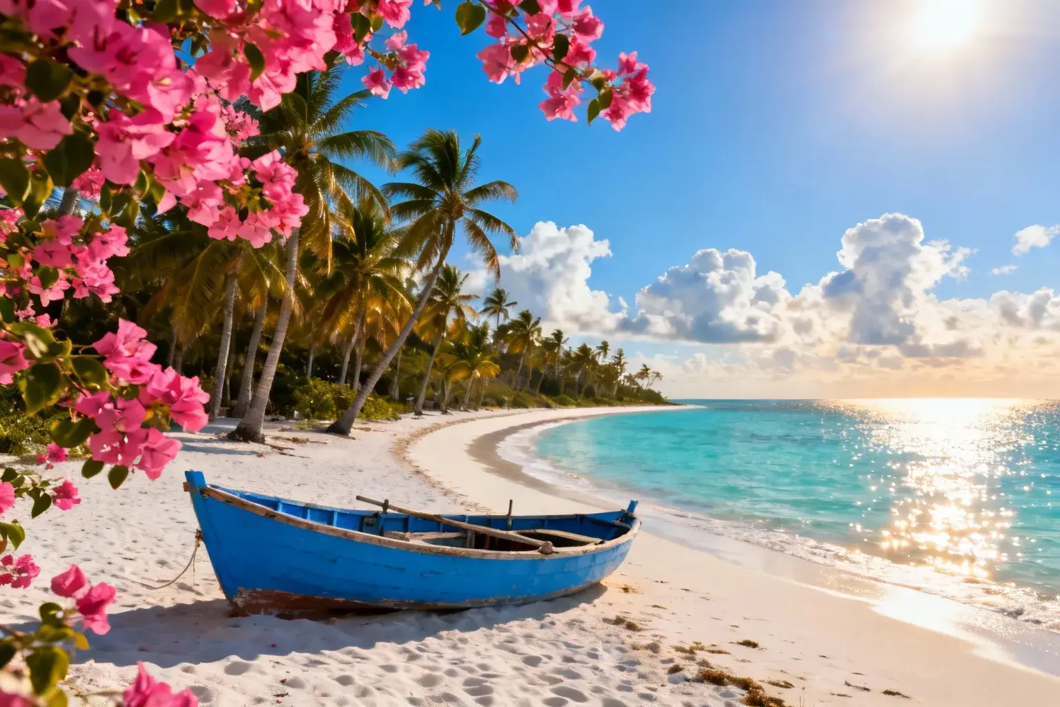 Plage de sable blanc avec eaux turquoises, palmiers et bateau de pêche traditionnel à Cayo Coco, Cuba