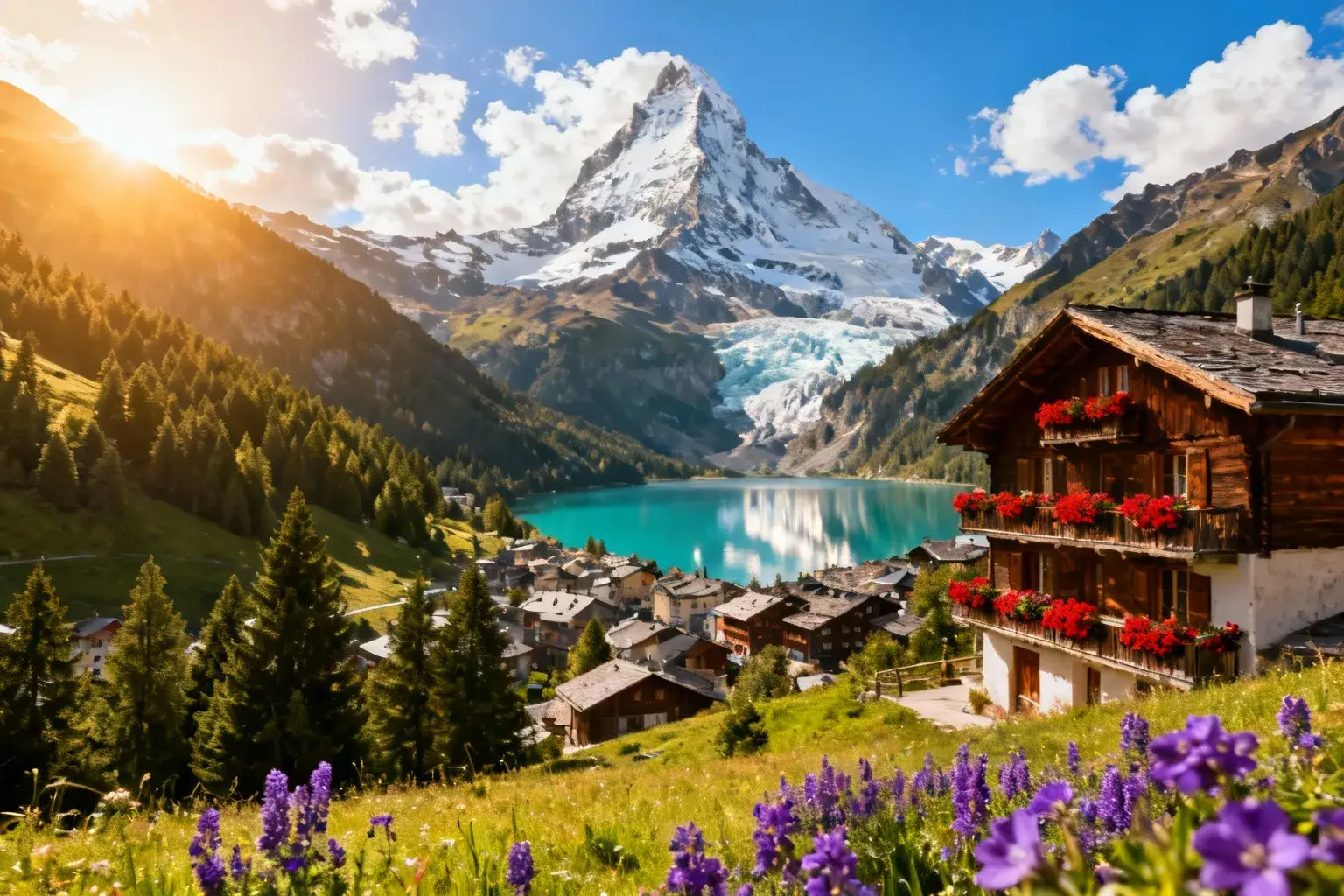 Village traditionnel de Chamonix avec chalets en bois et fleurs rouges devant le Mont-Blanc enneigé sous ciel bleu