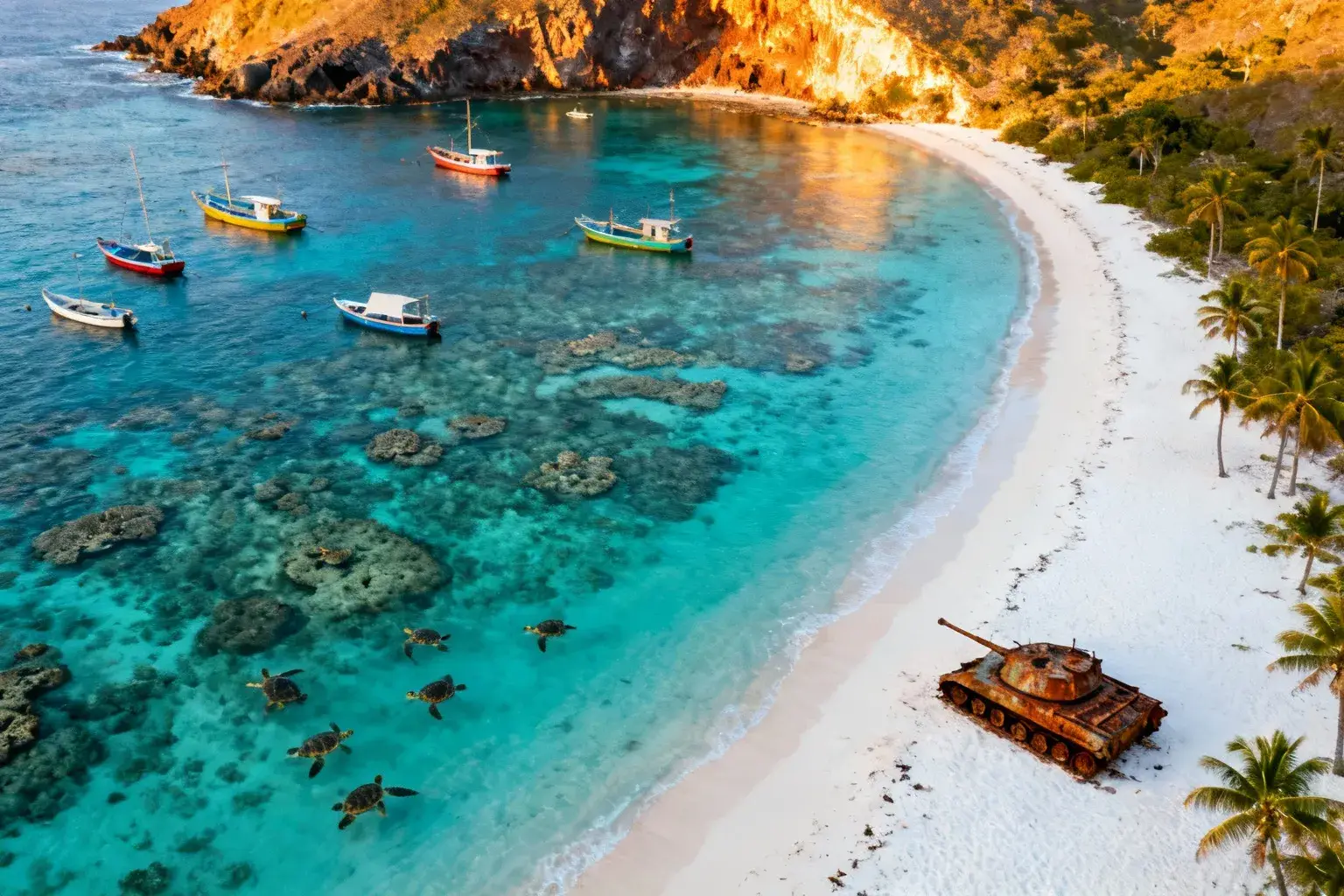 Plage de Flamenco à Culebra avec eaux turquoise et anciens chars militaires rouillés sur le sable blanc