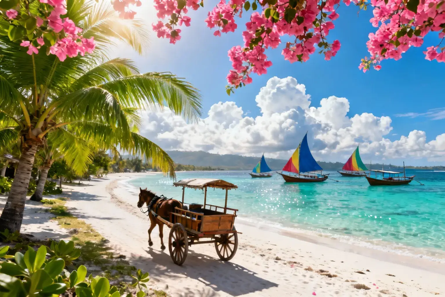 Plage paradisiaque de Gili Trawangan avec eau turquoise, palmiers et cidomo traditionnel, sans voitures ni motos