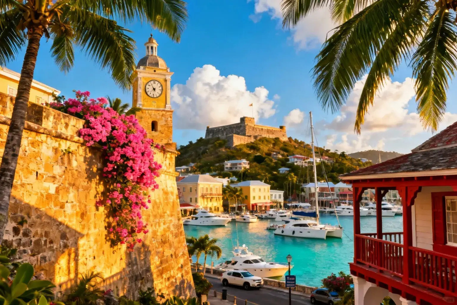 Vue panoramique du port de Gustavia avec bâtiments coloniaux suédois en pierre dorée, fleurs bougainvilliers et eaux turquoises