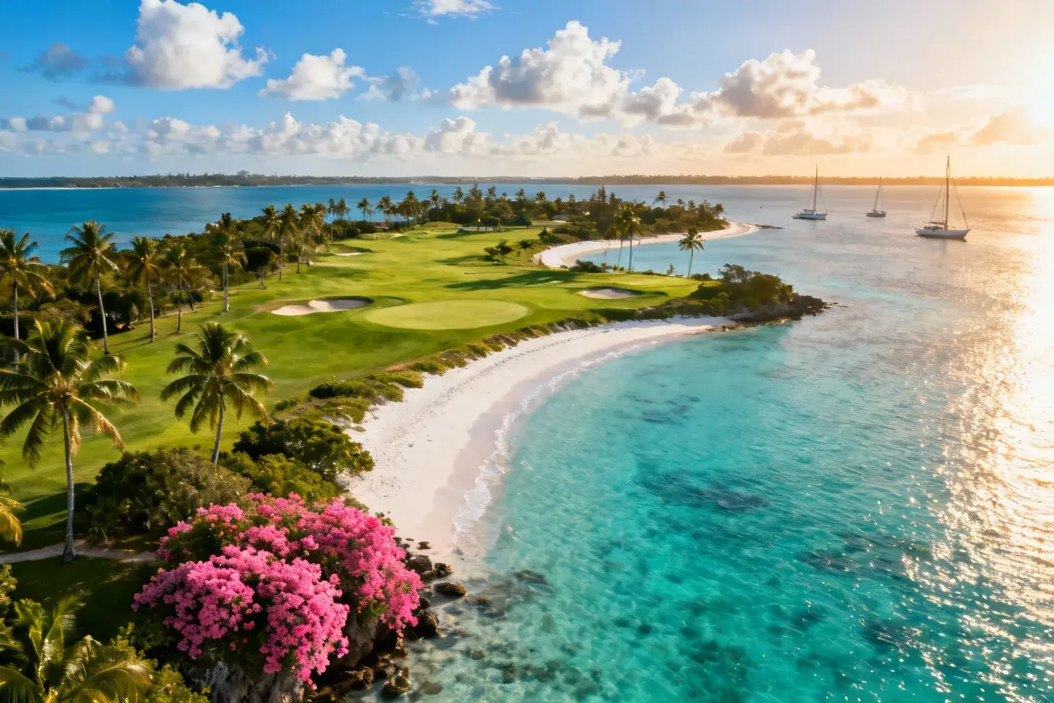 Vue aérienne de l'île aux Cerfs avec lagune turquoise, parcours de golf et plages de sable blanc, entourée d'une végétation tropicale luxuriante