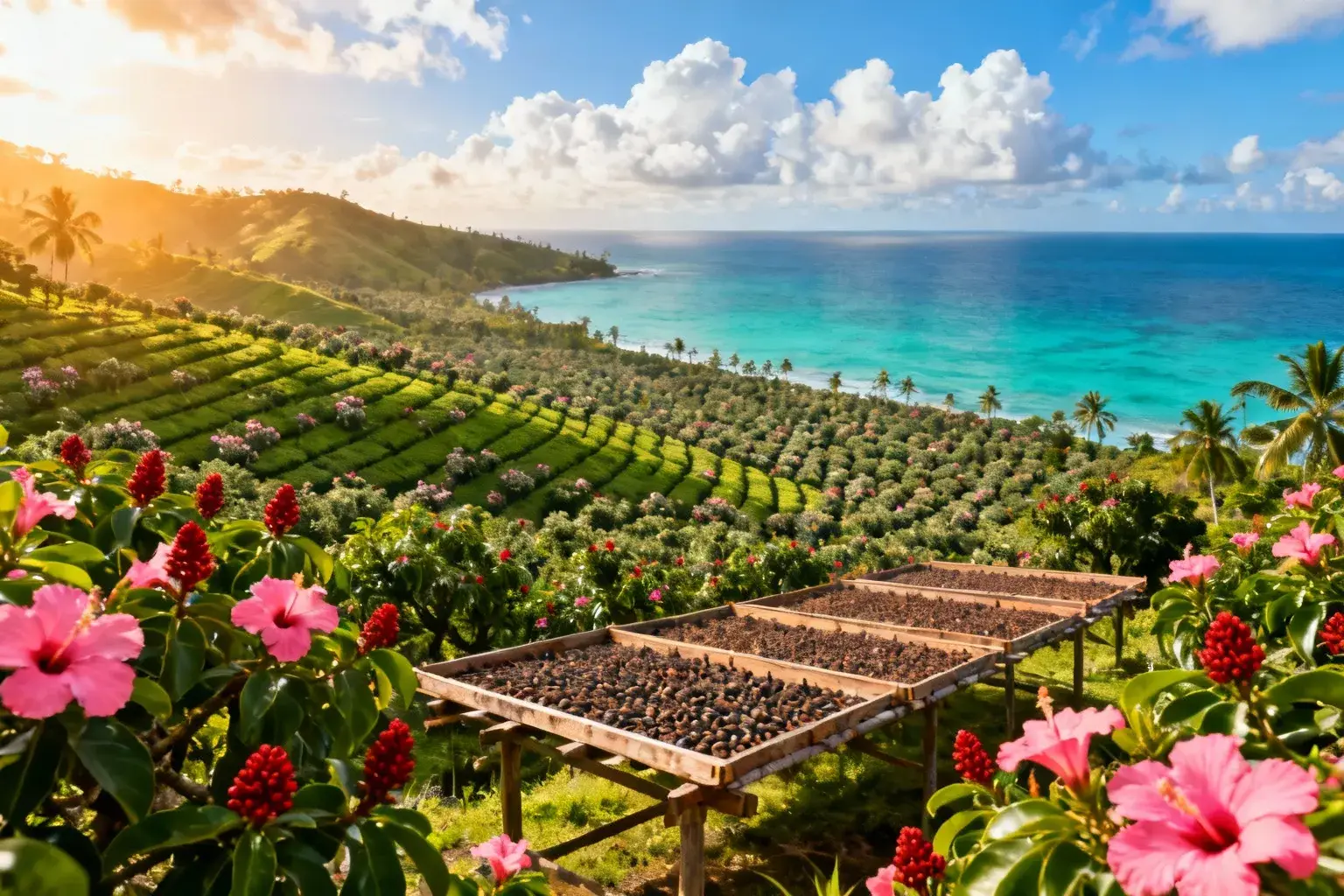 Vaste plantation de girofliers en fleurs s'étendant jusqu'à l'horizon avec des collines émeraude et l'océan turquoise en arrière-plan