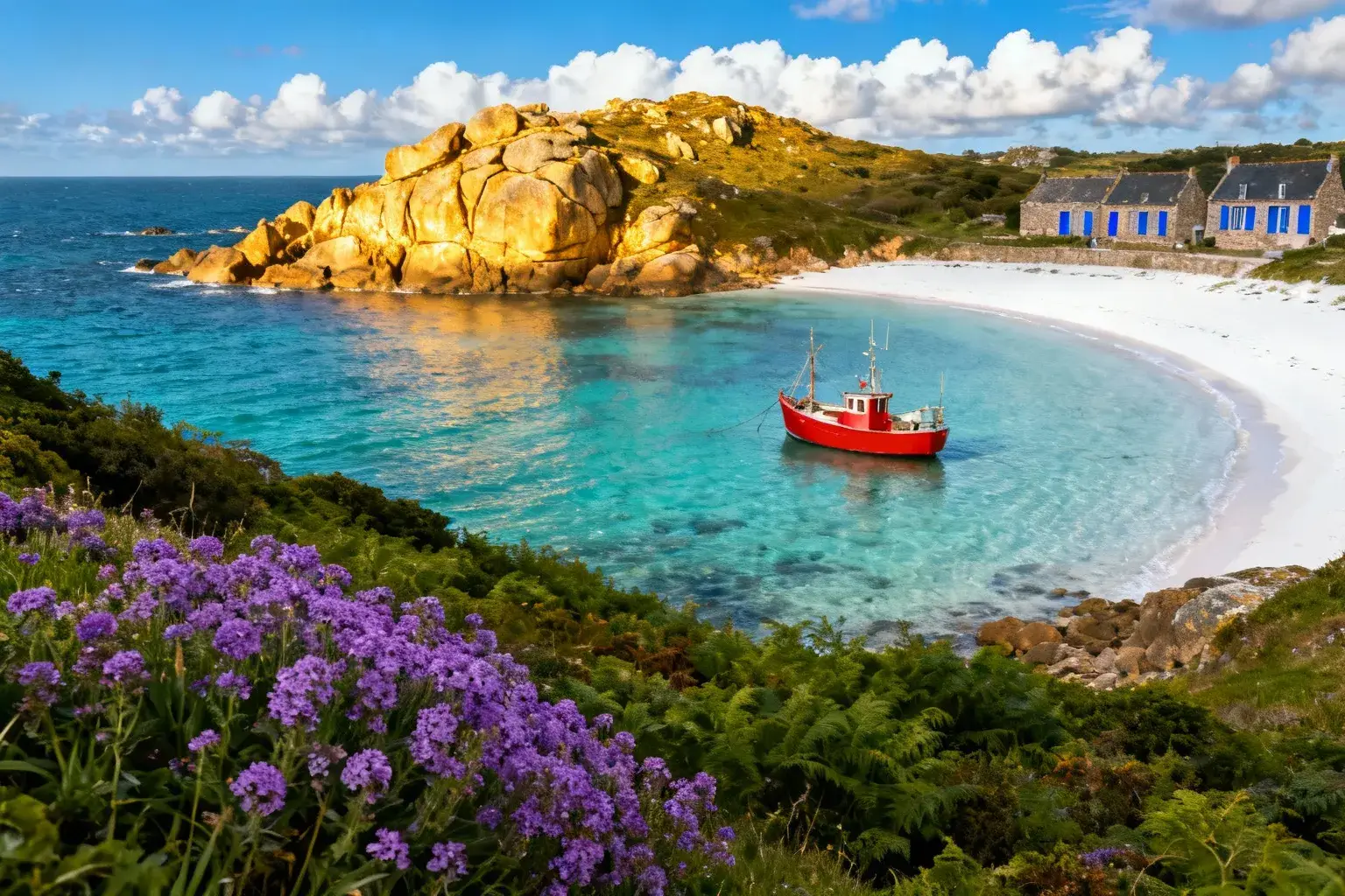 Plage de sable blanc et eau turquoise de l'île de Houat avec falaises de granit doré et bateau de pêche rouge