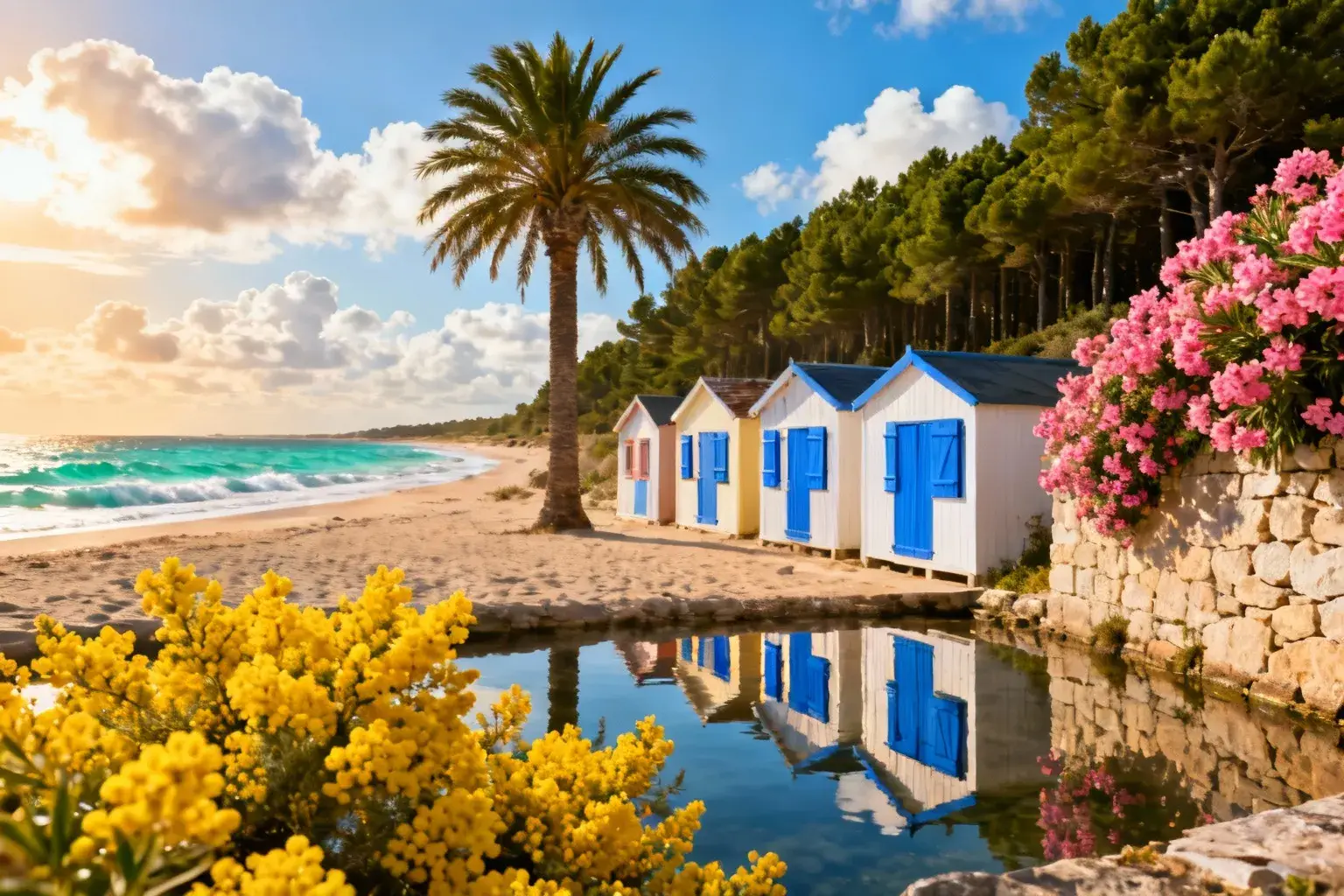 Vue côtière de l'île d'Oléron avec plage de sable, eau turquoise, palmiers et mimosas jaunes en fleurs