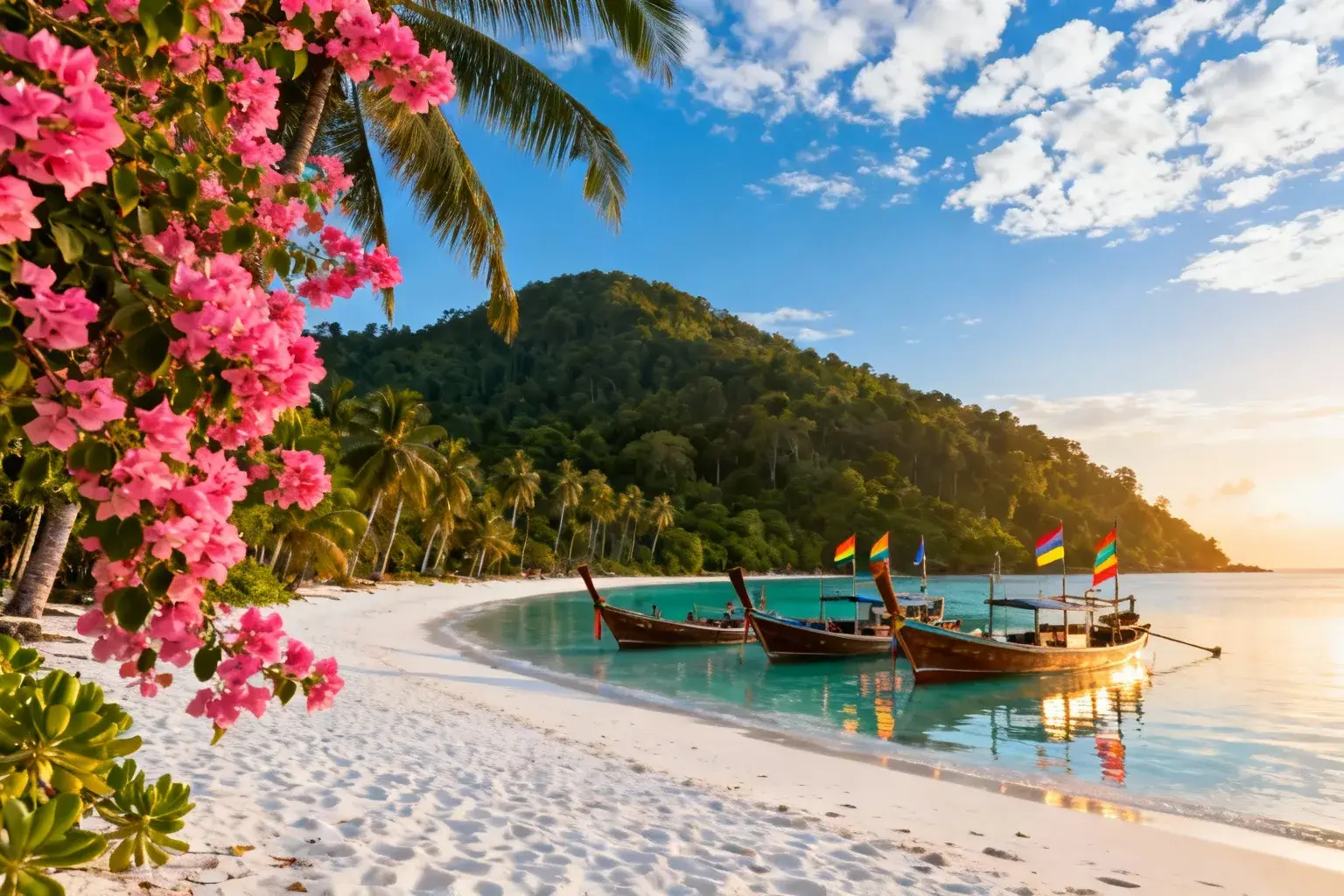 Baie en croissant de 3 km à Koh Rong Samloem avec eaux turquoise, sable blanc et jungle verdoyante en arrière-plan