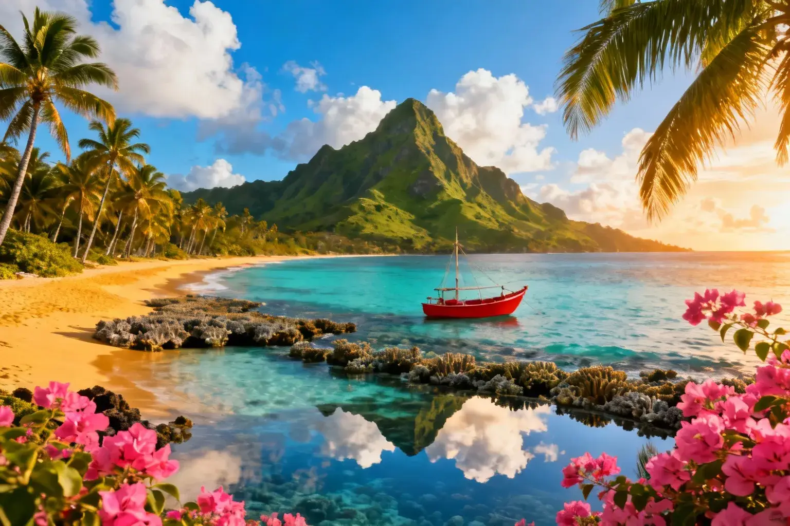 Vue aérienne du lagon turquoise de l'île Rodrigues avec barrière de corail, bateau de pêche et collines volcaniques en fond