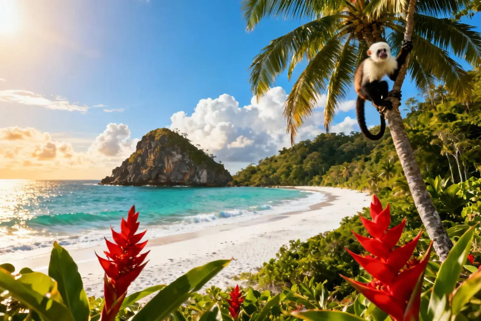 Plage paradisiaque du parc Manuel Antonio au Costa Rica avec eau turquoise, forêt tropicale et singes capucins dans les palmiers