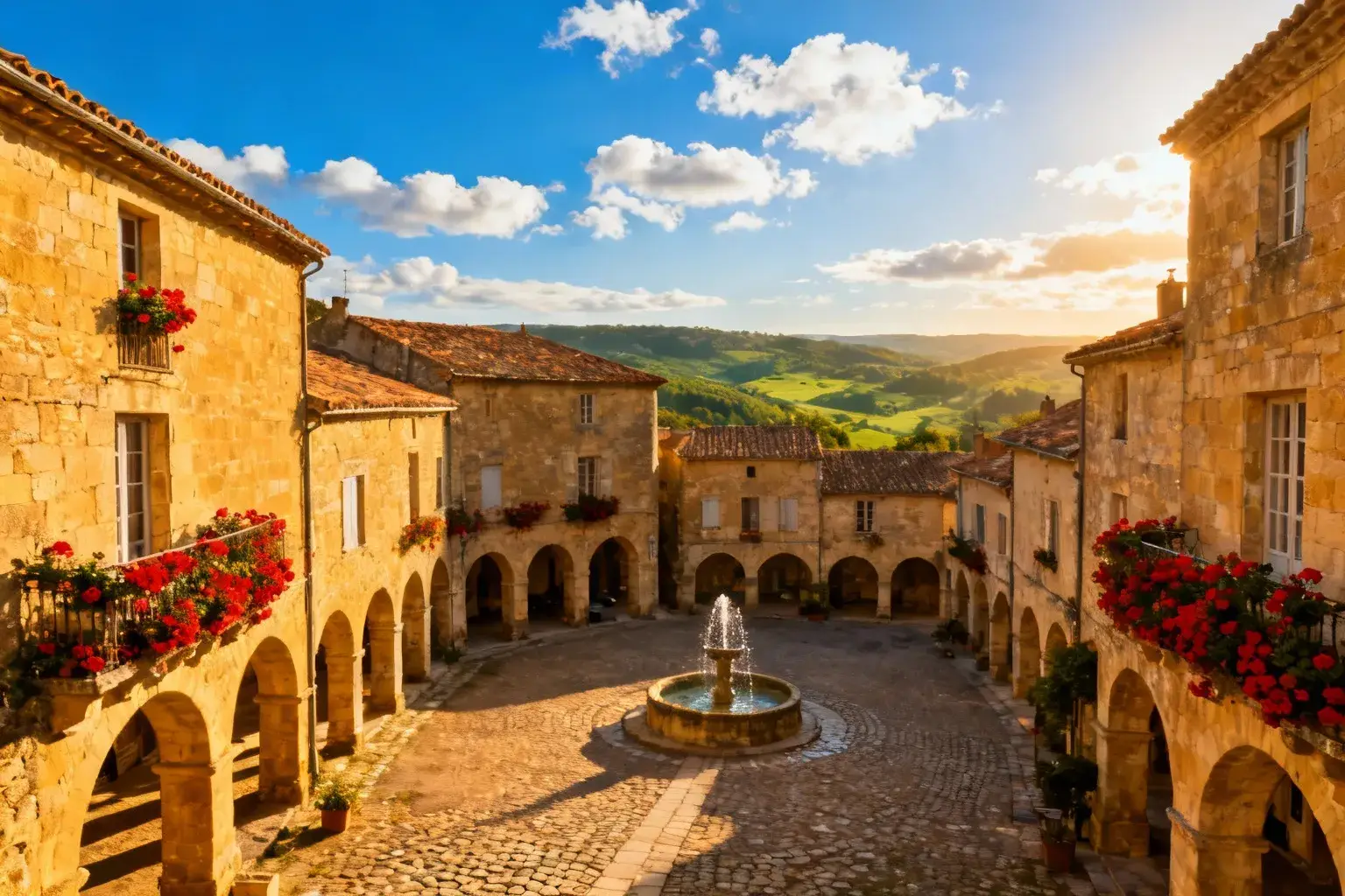 Village médiéval de Monsegur avec maisons en pierre et toits en terracotta sous un ciel bleu, sans touristes ni voitures