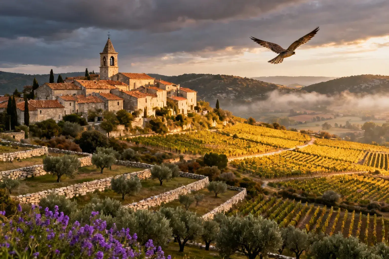 Village de Montagnac avec sa chapelle Saint-Martin et ses toits en terracotta, entouré de vignobles et de garrigues sous la lumière dorée du matin