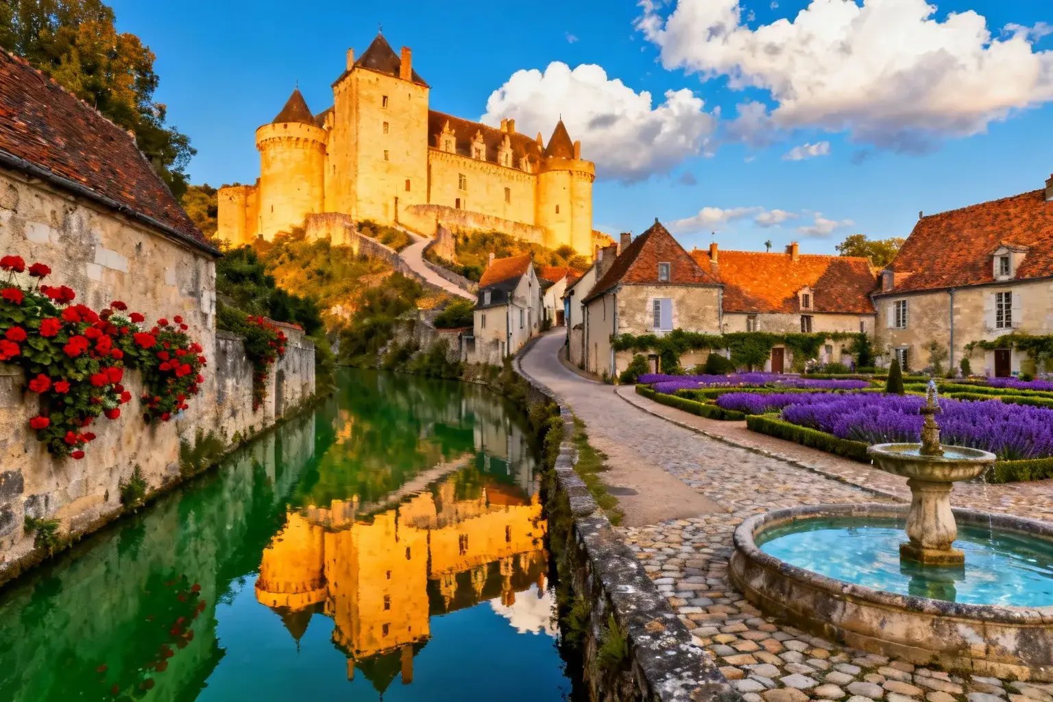 Château médiéval en pierre dorée surplombant la rivière Indrois avec reflet parfait et fleurs rouges aux murs