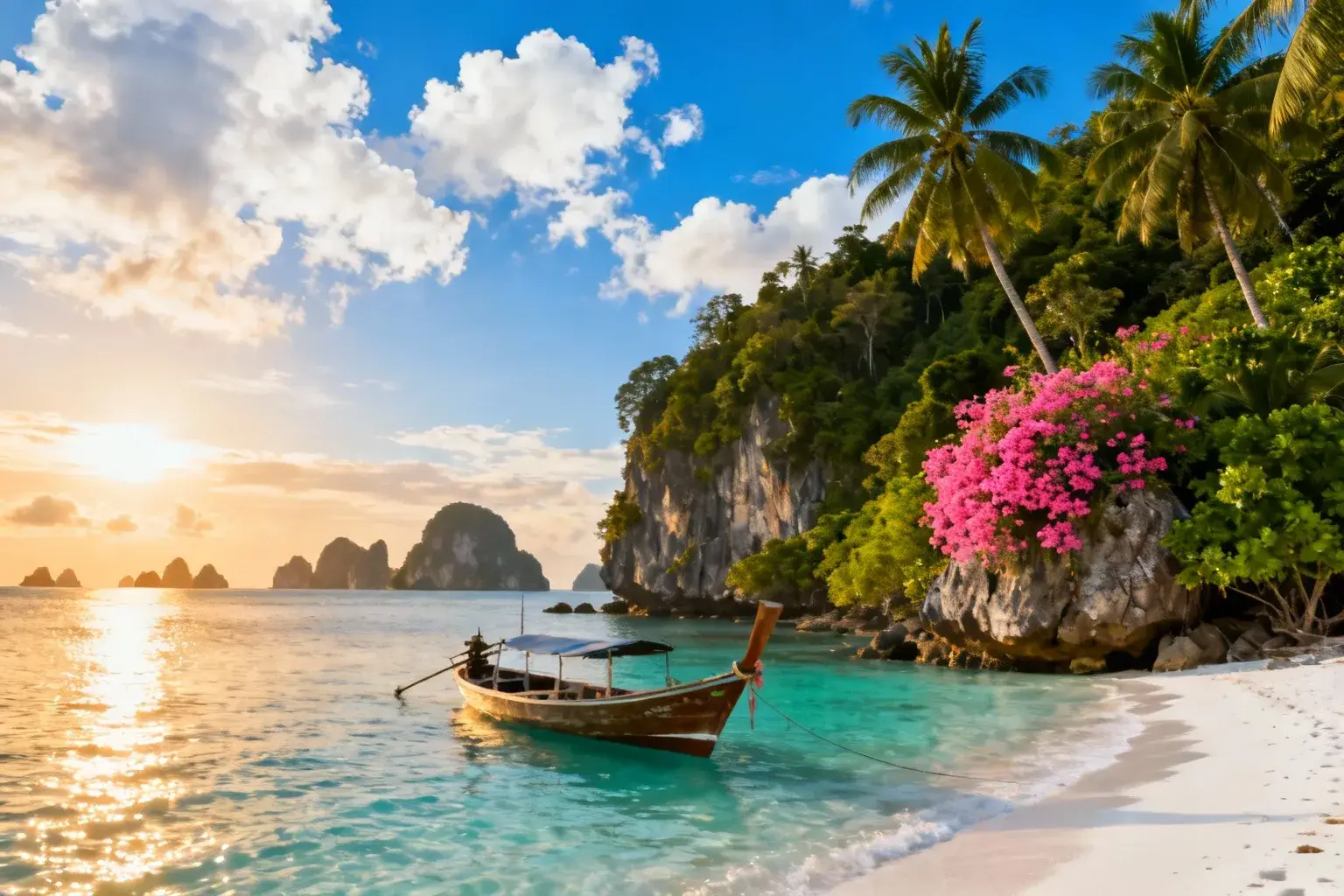 Bateau traditionnel thaïlandais ancré dans des eaux turquoises avec plage de sable blanc et cocotiers à Ko Lanta