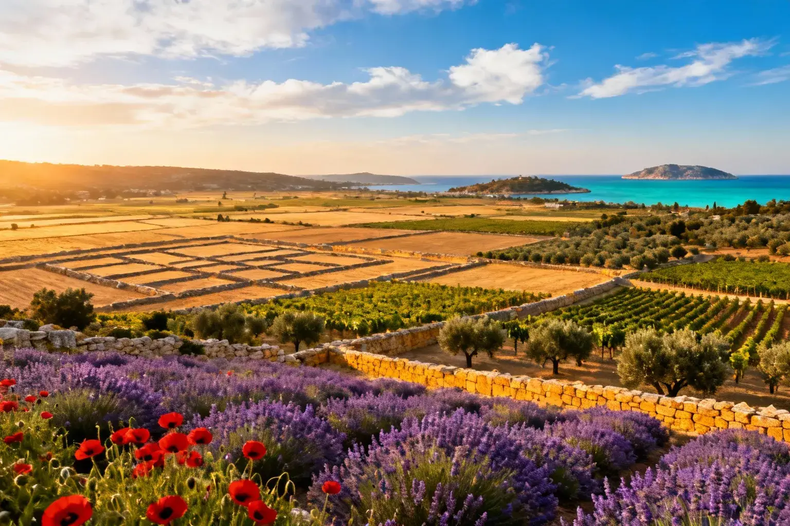 Paysage du parcellaire agricole grec de Stari Grad avec lavande, coquelicots et oliviers sous le soleil levant