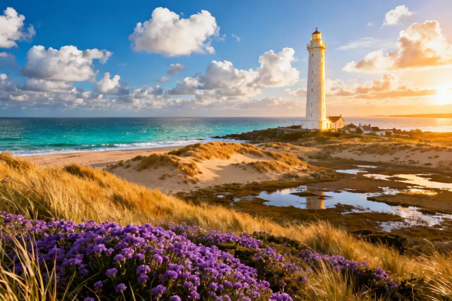 Phare blanc de 57 mètres à Saint Clément des Baleines baigné de lumière dorée au lever du soleil avec océan turquoise