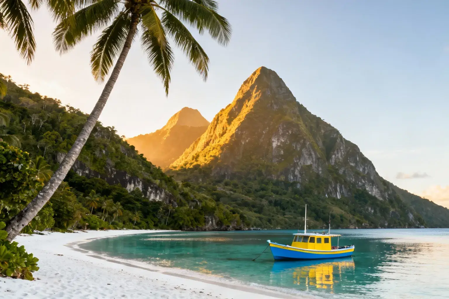 Plage paradisiaque de Sainte-Lucie avec sable blanc entre les volcans Gros Piton et Petit Piton