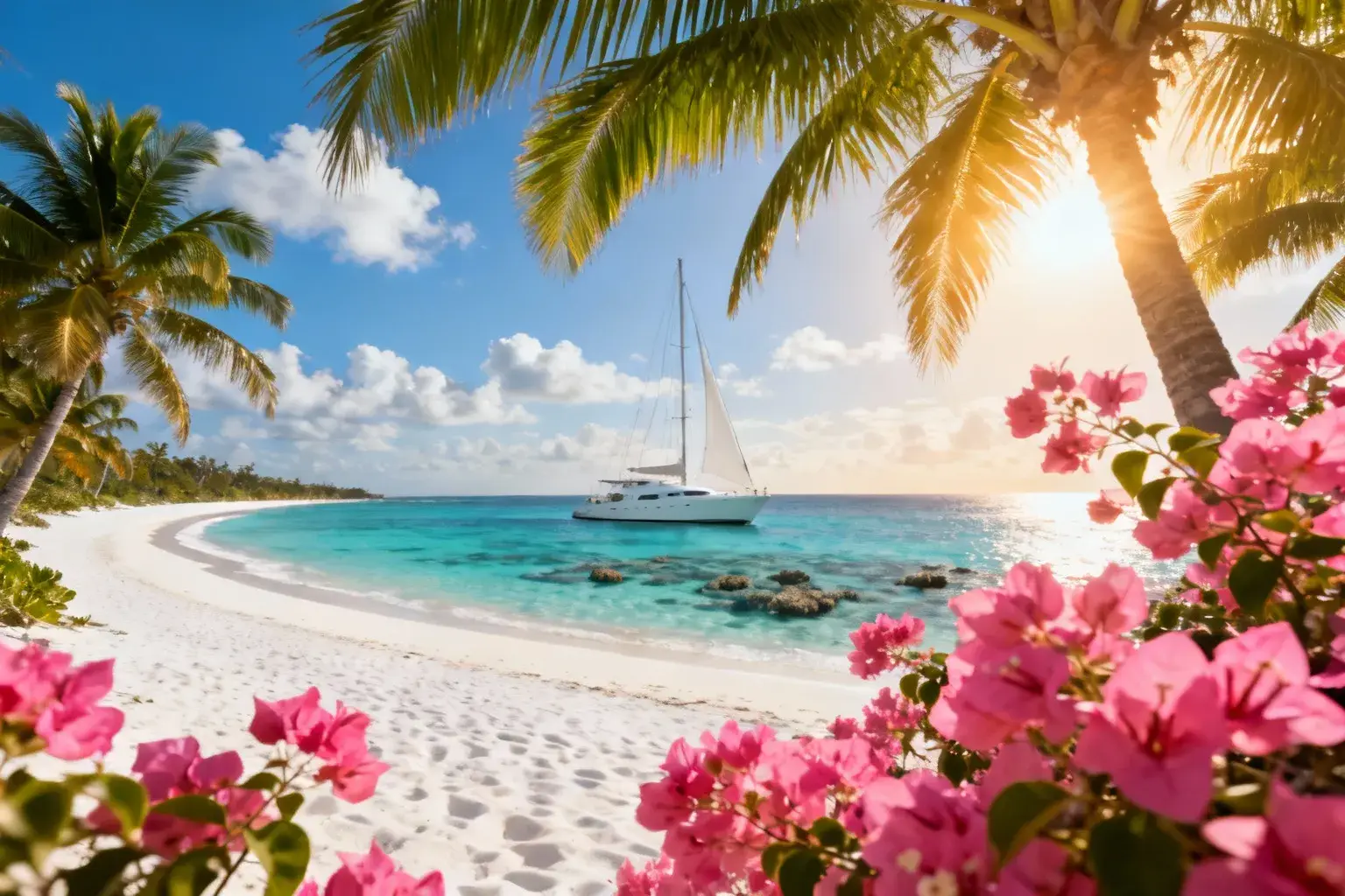 Vue aérienne de la plage de Grace Bay avec sable blanc, eau turquoise et palmiers sous un ciel bleu