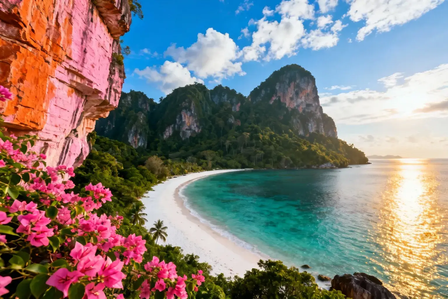 Formations rocheuses anciennes roses et orangées de Langkawi entourées d'eaux turquoises, plage de sable blanc et jungle verte