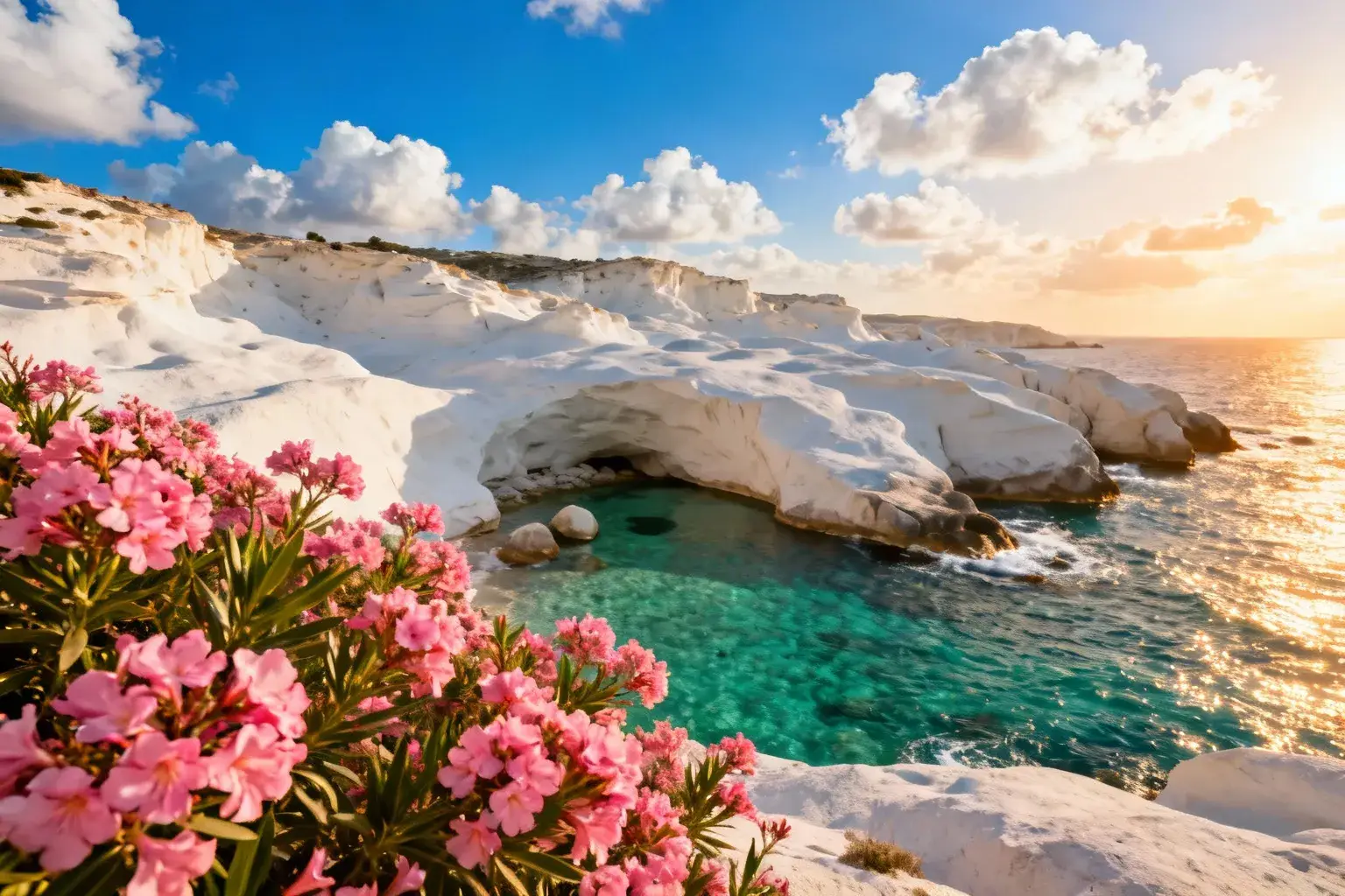 Paysage lunaire de Sarakiniko à Milos avec roches volcaniques blanches sculptées et mer turquoise sous ciel bleu