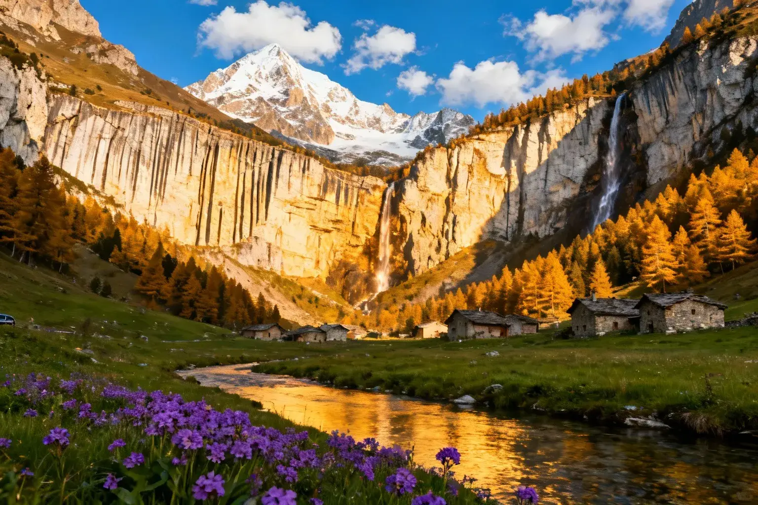 Paysage montagneux alpin avec faille géologique visible, hameau de pierre et prairies fleuries sous un ciel bleu