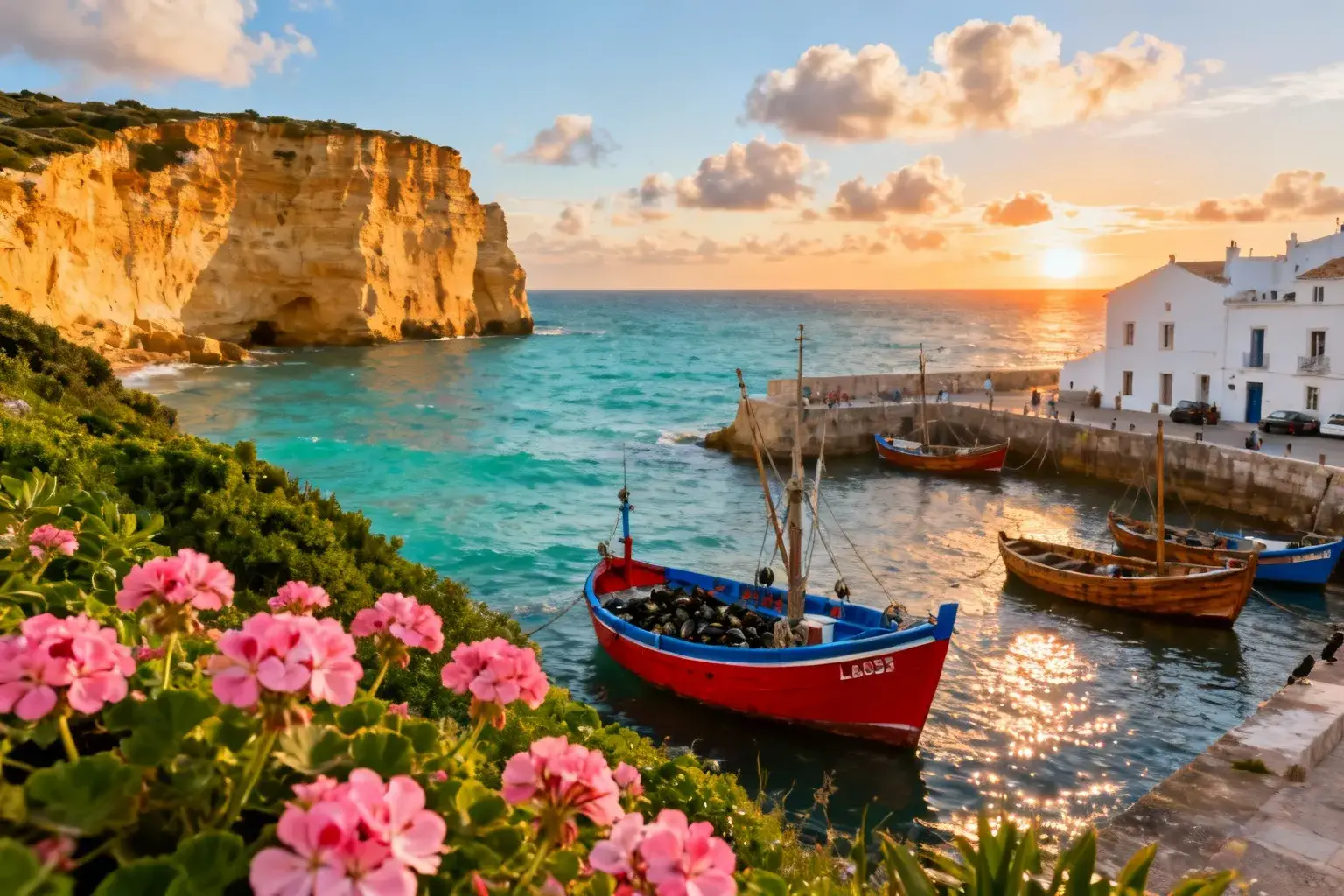 Vue aérienne du village de Marsilly au coucher de soleil avec falaises blanches, port de pêche et bateaux en bois