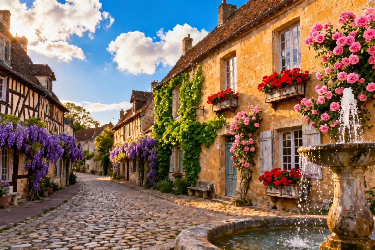 Vue du village de Gerberoy avec ses maisons en pierres dorées, rosiers grimpants et rues pavées sous un ciel bleu