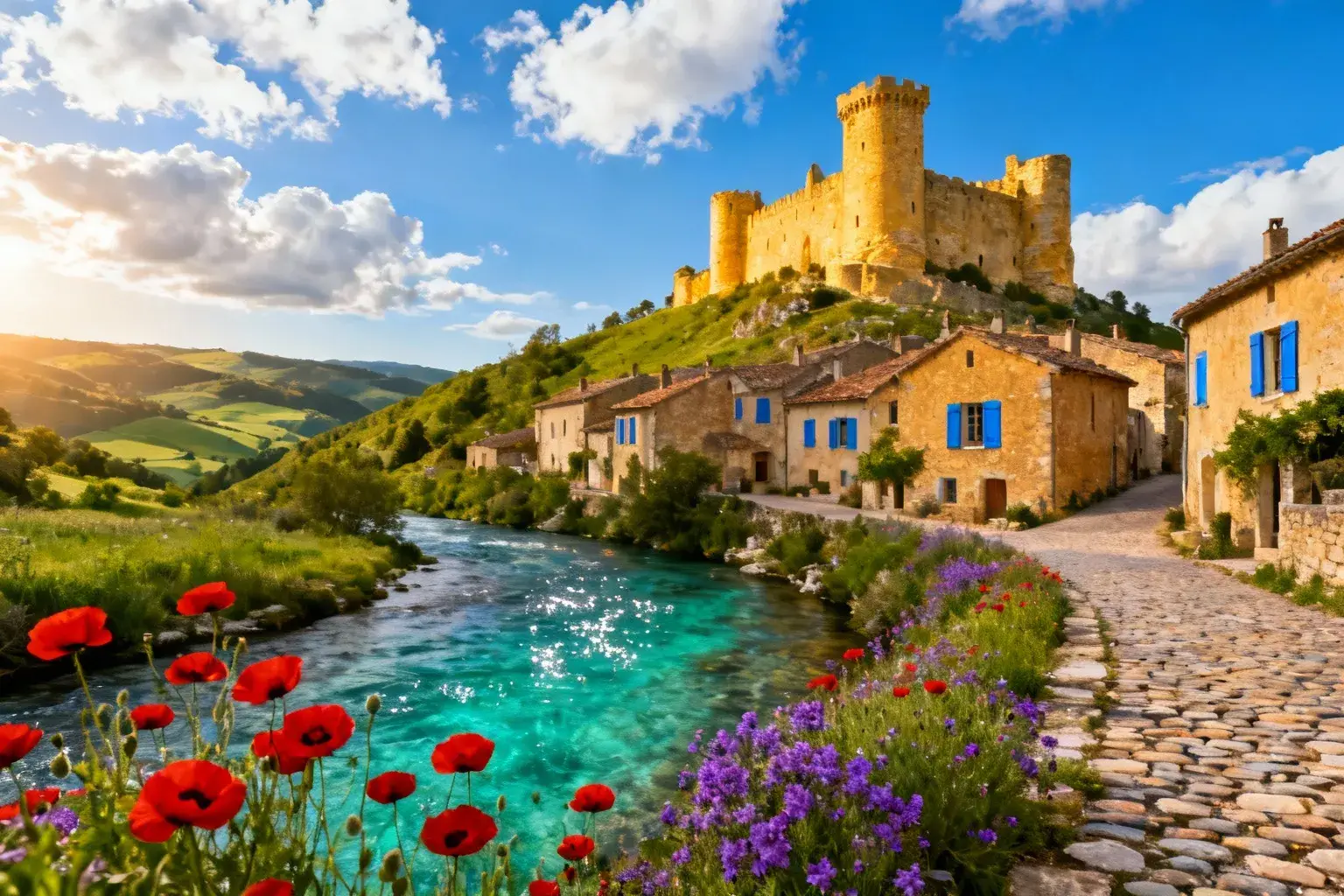 Village médieval en pierre avec ruisseau turquoise en premier plan, château doré et collines verdoyantes sous ciel bleu