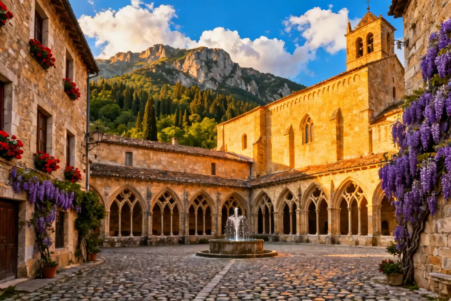 Village médiéval intégré dans un ancien monastère carthusien avec pierres dorées et montagnes en arrière-plan