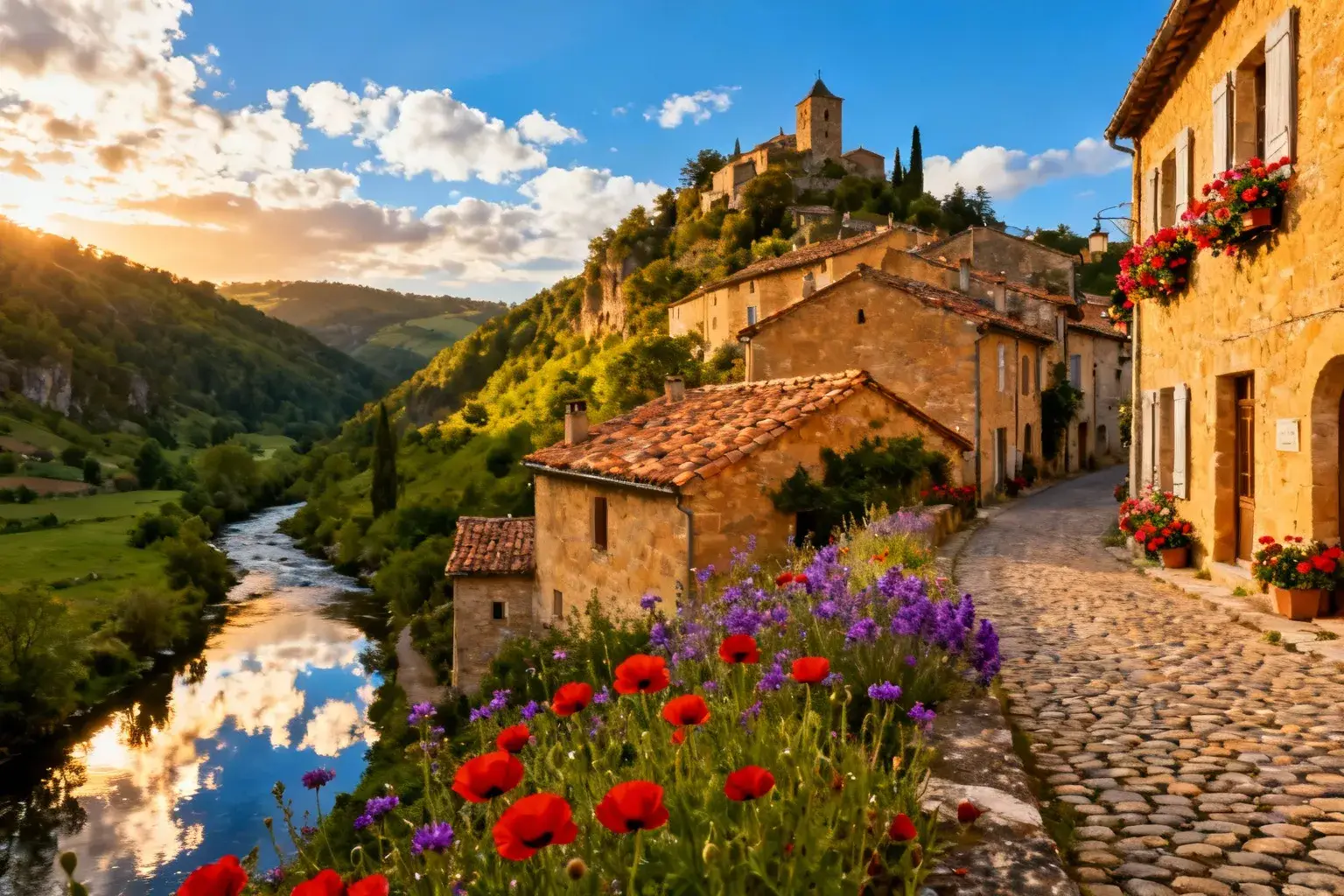 Village de Pampelonne avec maisons en pierre calcaire, toits en tuiles et vallée verte avec la rivière Viaur