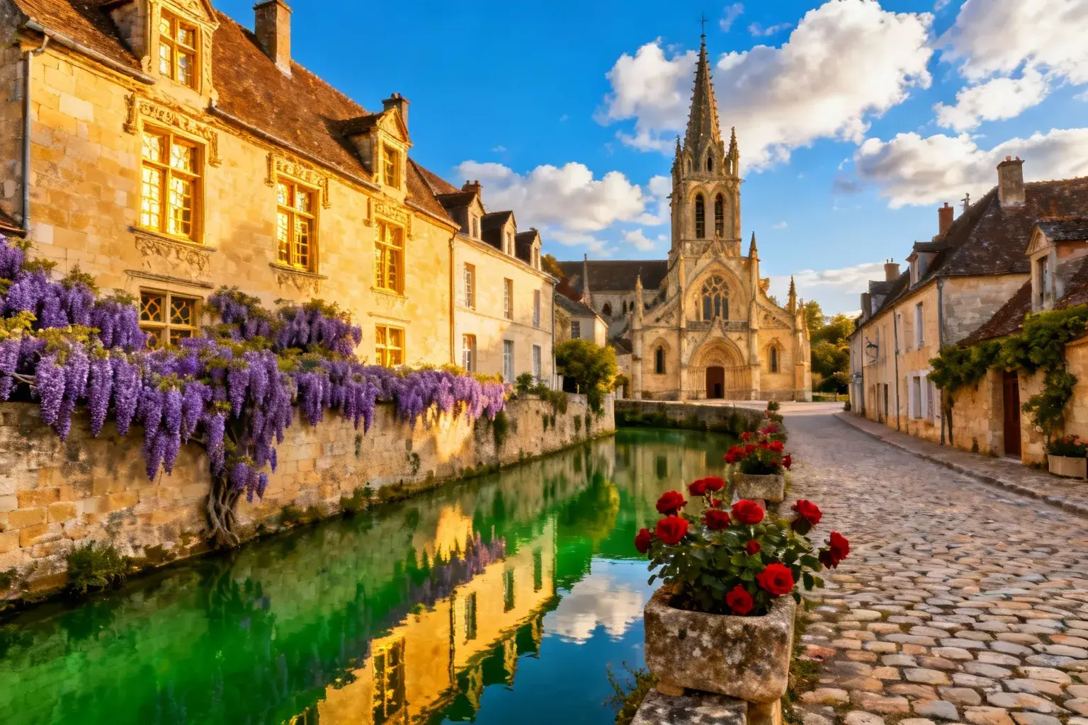Village Renaissance de Crissay-sur-Manse avec maisons en pierre de tuffeau, glycines violettes et ruelle pavée menant à une église gothique