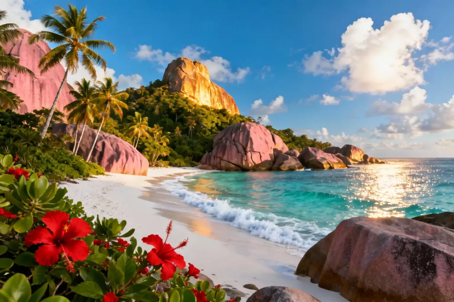 Plage de sable blanc d'Anse Lazio avec eau turquoise, rochers granitiques roses et palmiers sous ciel bleu