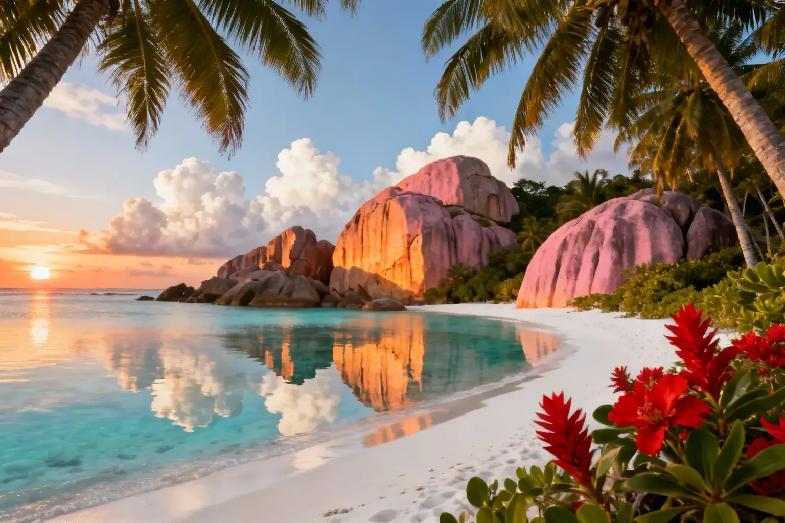 Plage tropicale avec gros rochers de granit rose, eau turquoise cristalline et cocotiers sous un ciel de coucher de soleil