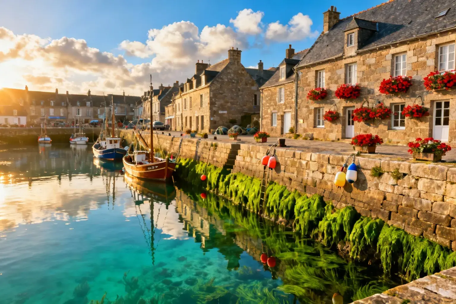 Village côtier de Barfleur avec maisons en granit, bateaux en bois et eau turquoise sous un ciel bleu