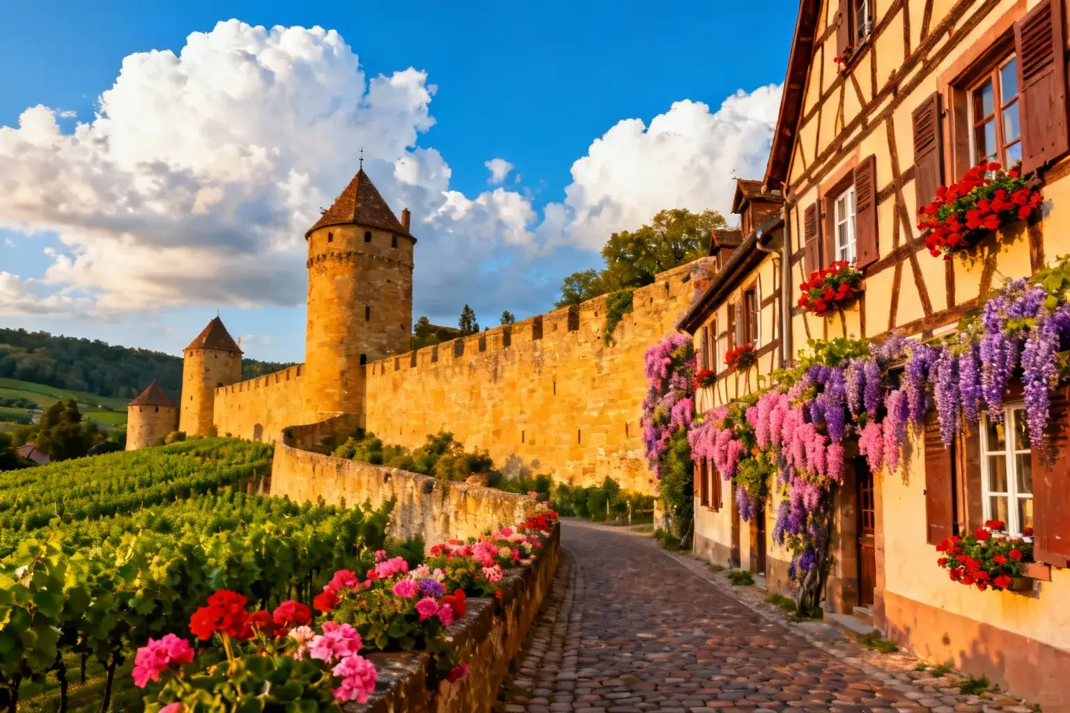 Vue panoramique du village médiéval de Bergheim avec ses remparts en pierre dorée, tours et maisons à colombages sous ciel bleu