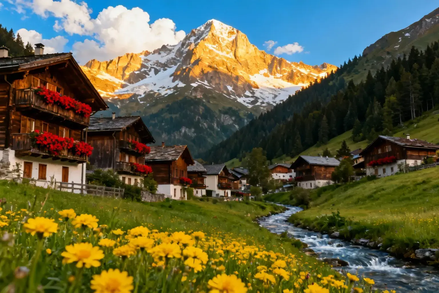 Chalets savoyards en bois avec géraniums rouges à Bernex, entourés de montagnes et prairies fleuries
