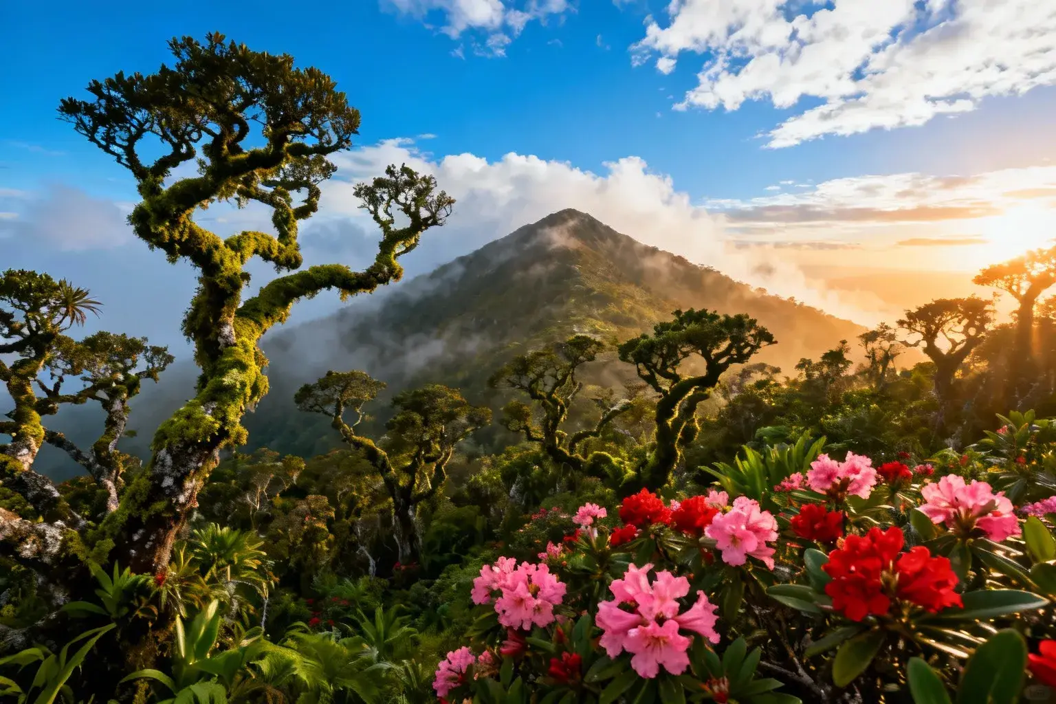 Vue panoramique du Blue Mountain Peak en Jamaïque avec forêt de mousse, fleurs roses et lumière dorée du matin
