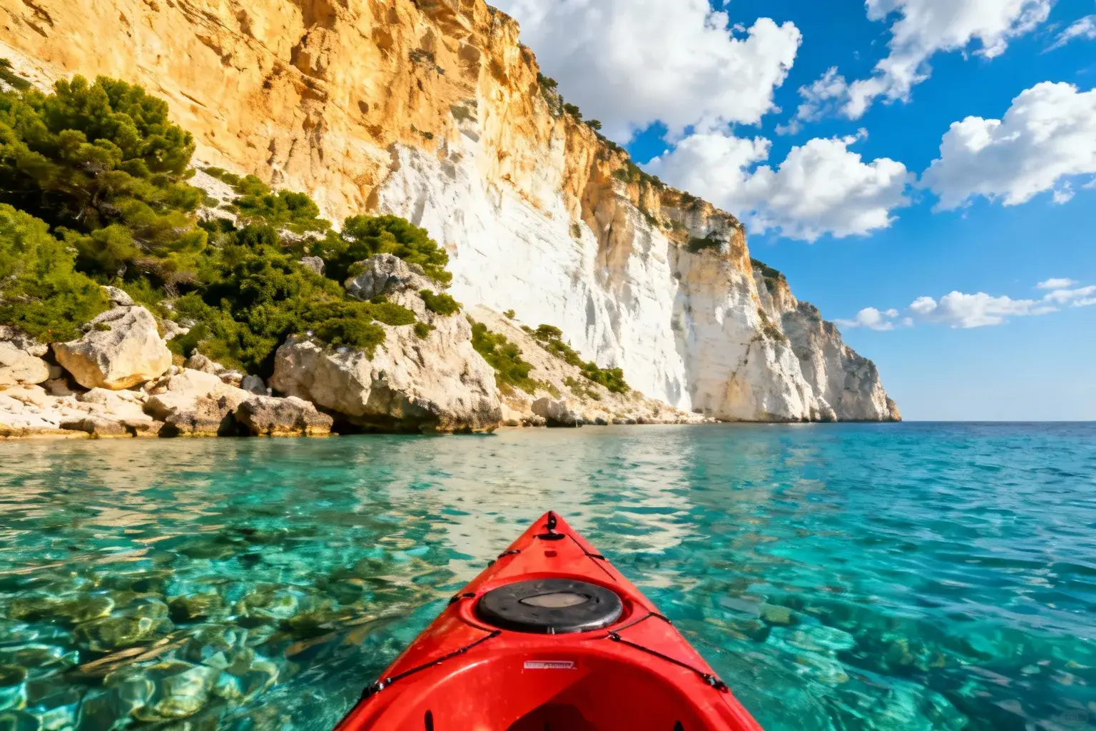 Calanque En Vau montrant des falaises de calcaire blanc de 700 mètres plongeant dans les eaux turquoises de la Méditerranée