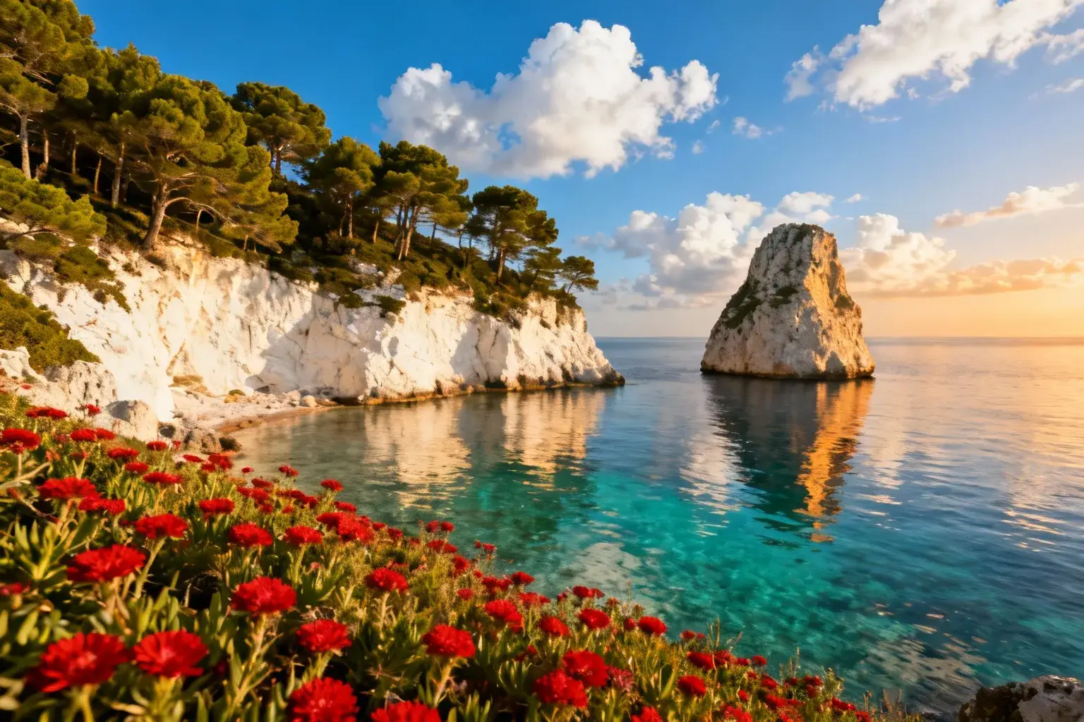 Calanque de Sugiton avec rocher Torpilleur, eaux turquoises et falaises calcaires sous lumière dorée