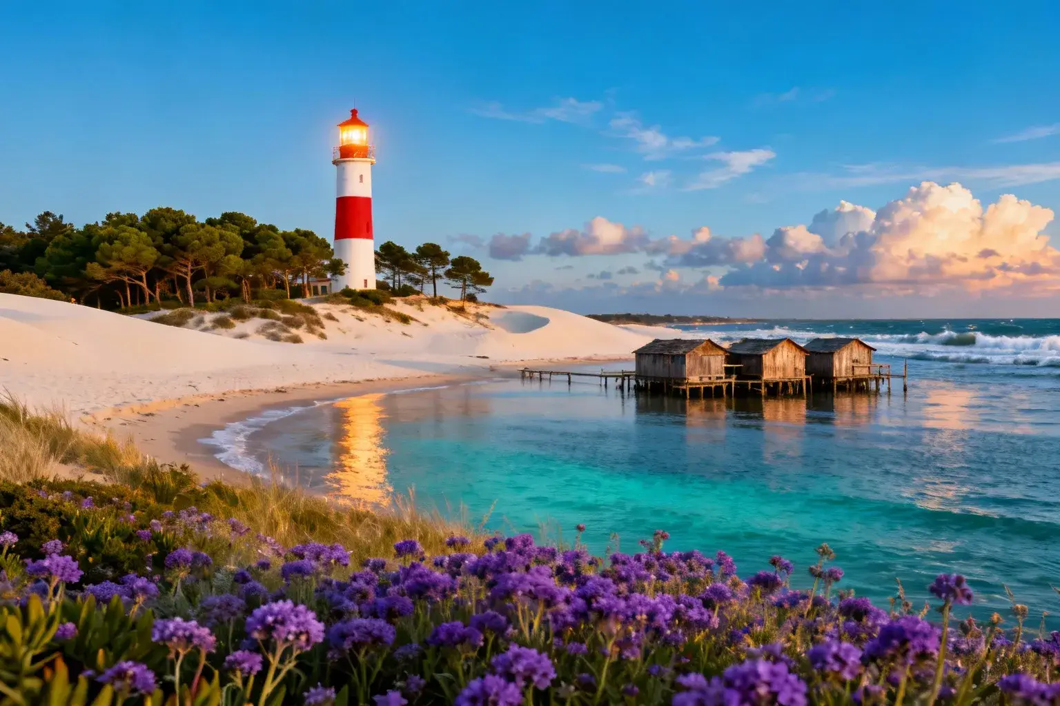 Cap Ferret peninsula during golden hour showing turquoise waters of Arcachon Bay meeting Atlantic waves, with dunes and maritime pines