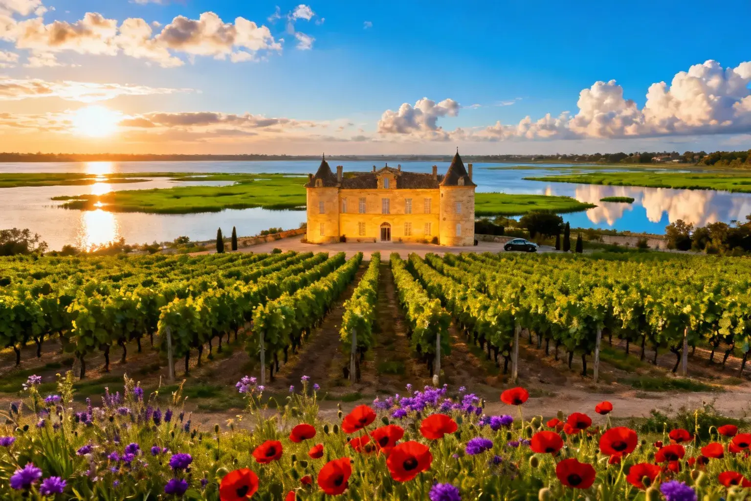 Château en pierre calcaire doré entouré de vignes vertes et fleurs sauvages, avec l'estuaire de la Gironde en arrière-plan
