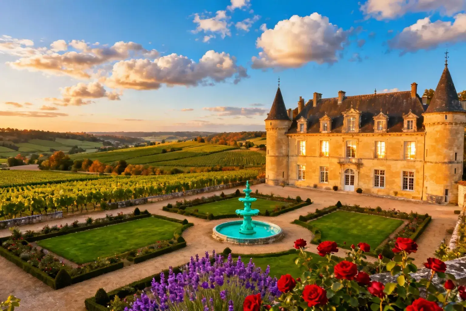 Château Renaissance de Monbazillac entouré de jardins symétriques et de vignes à perte de vue sous un ciel bleu
