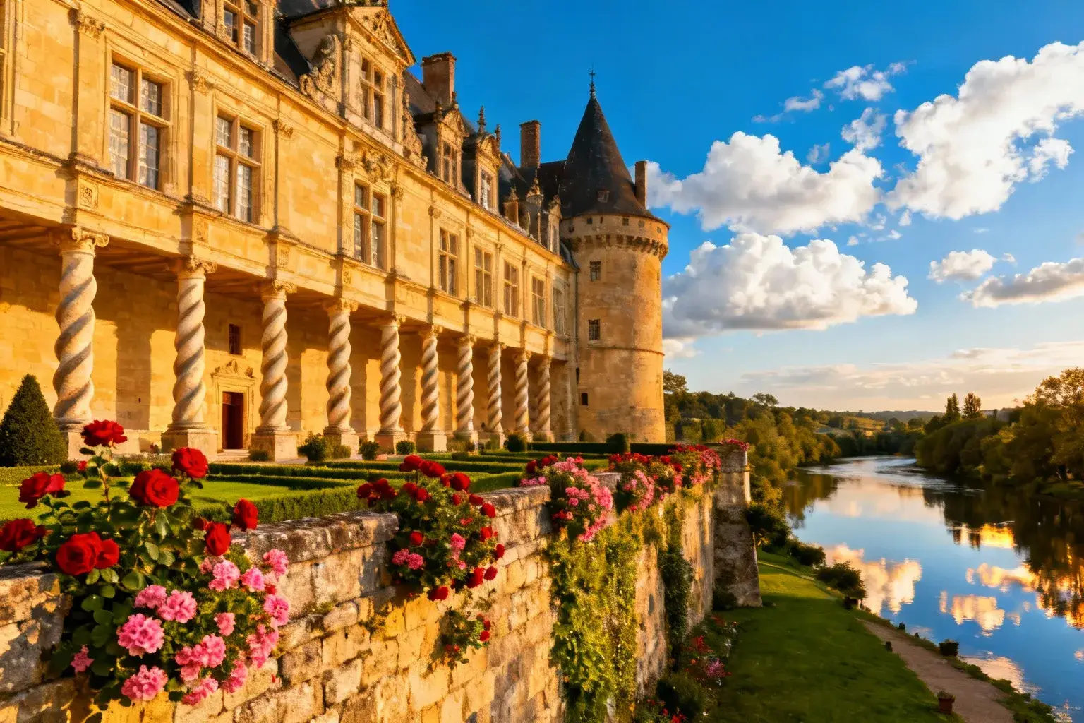 Façade Renaissance du château de Nérac avec colonnes torsadées, jardin royal et roses rouges, reflet dans la rivière Baïse