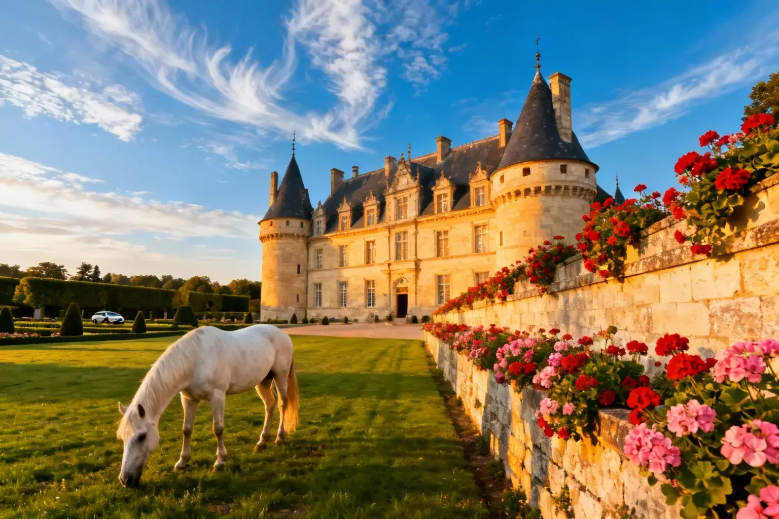 Château médiéval de Pompadour sous une lumière dorée entouré de jardins et chevaux anglo-arabes blancs