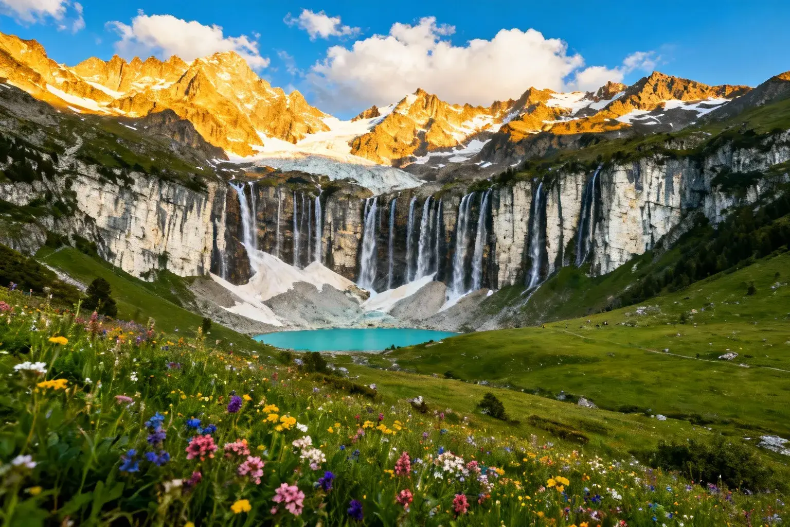 Cirque du Fer à Cheval avec ses nombreuses cascades tombant des falaises calcaires, entouré de montagnes enneigées