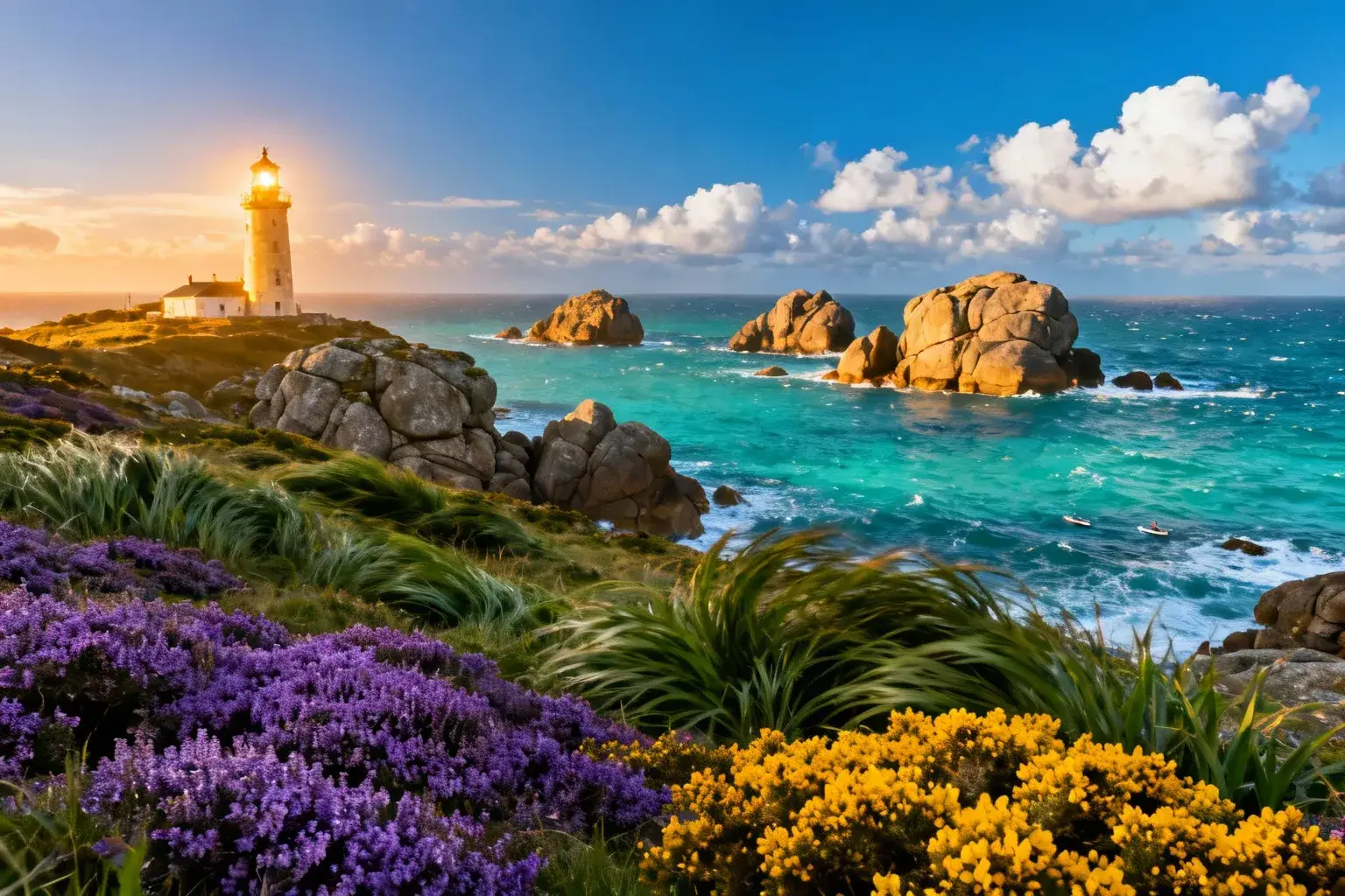 Formations rocheuses granitiques émergeant de l'océan turquoise près du phare Eckmühl en Bretagne