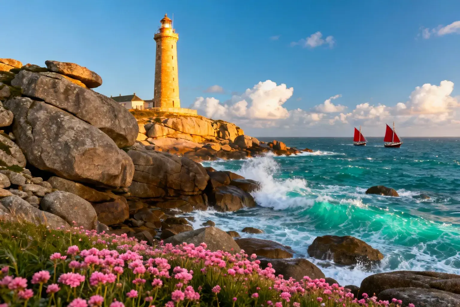 Phare Eckmühl en granit de 65 mètres illuminé par la lumière du soir, avec des vagues turquoise et des rochers sur la côte bretonne