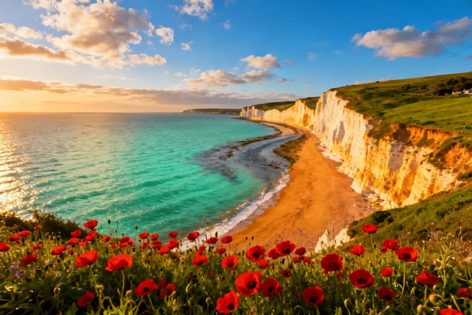 Falaise de craie blanche à Pourville-sur-Mer baignée de lumière dorée, avec coquelicots rouges au premier plan et eau turquoise