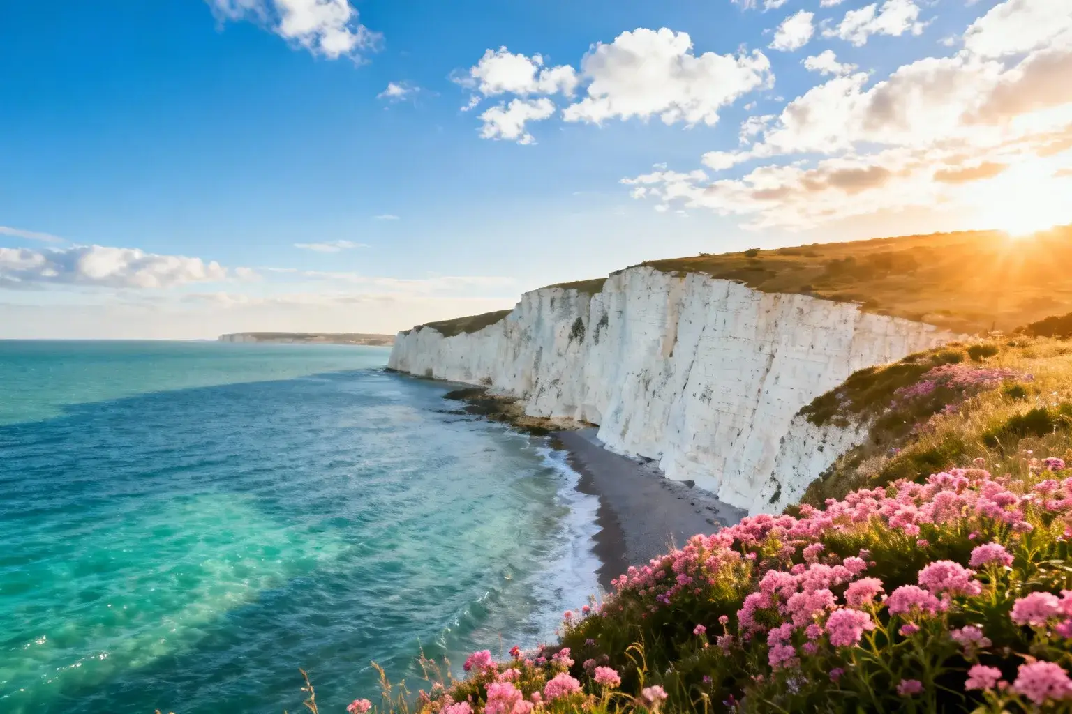 Falaises blanches de 40 mètres plongeant dans la mer turquoise à Ault, sous un ciel bleu avec fleurs sauvages